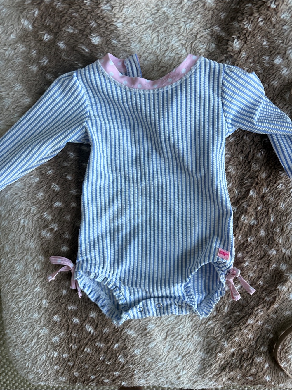 Ruffle butts 6-12 blue & White Striped Long-Sleeve Baby One-Piece with Pink